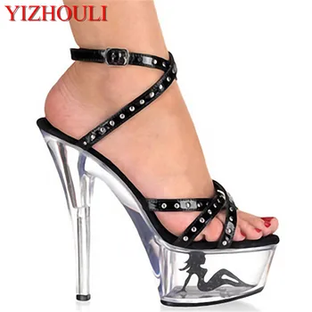 15 cm yüksek topuklu perçin platformu kristal peep-toe ayakkabı 6 inç ayak çıplak sapanlar parti sandalet