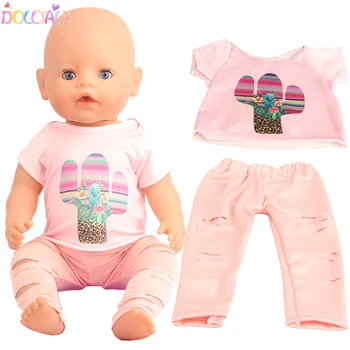 18 İnç amerikan oyuncak bebek 2 Adet Kaktüs T-shirt + Pantolon Giysi Set Moda Delik Pantolon Takım Elbise Aksesuarları İçin 43 cm Yeni Doğan Reborn & OG Bebek
