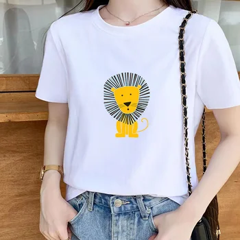2021 Bayanlar karikatür yuvarlak boyun T-shirt Sevimli Aslan Kısa Yaz Giyim Tees Gömlek Kadın Bayan Kız yaz giyim Üstleri T-Shirt