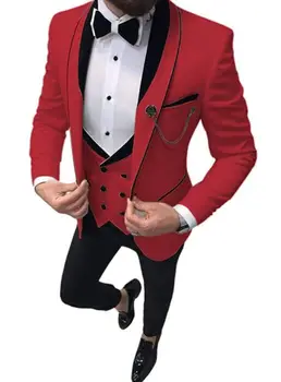 2021 Erkek takım elbise Damat Smokin Kırmızı Balo Düğün Erkek Takım Elbise Slim Fit Erkek Elbise resmi kıyafet Erkekler İçin En İyi Adam 3 adet (Ceket + Pantolon + Yelek)