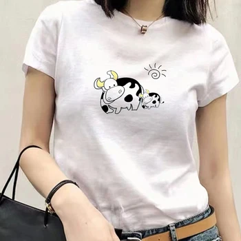 2021 Fiyatı İnek baskılı tişört Yeni Kore Tarzı Grafik Üstleri Yeni Kawaii kısa kollu tişört Yumuşak Rahat Beyaz T shirt