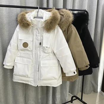 2021 Kış Yeni şişme ceket kadınlar Orta Uzun Kalınlaşmış Gevşek Büyük Yün Yaka İş Elbiseleri Beyaz Ördek Aşağı Ceket