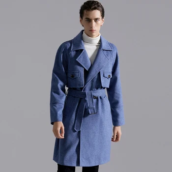 2021 Sonbahar / Kış Avrupa Moda Kruvaze Diz Boyu Yün Ceket erkek Pus Mavi Yün Siper Erkek Sıcak Palto