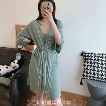 2021 Sonbahar Yeni Kore Versiyonu İnce Buz İpek Sling Elbise Gecelik kadın Gecelik Takım Elbise Ev Giyim 2 Adet Set Kadın Pijama