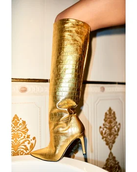 2022 Altın Ayna Diz Çizmeler Kadınlar Parlak Patik Marka Tasarım Lüks Topuk Stilettos Sivri Burun Örgü Totem Seksi Gece Kulübü Ayakkabı