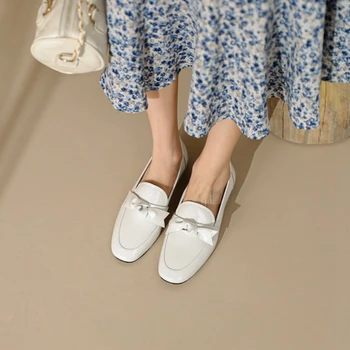 2022 Bahar Kadın Ayakkabı deri ayakkabı Kadın Yuvarlak Ayak Düşük Topuk Ayakkabı Yay-düğüm Kadın Loafer'lar rahat ayakkabılar Kadınlar için beyaz ayakkabı
