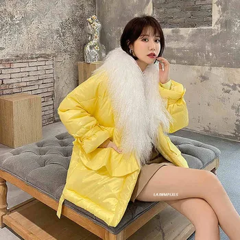 2022 Kış şişme ceket kadınlar 90 % Beyaz Ördek uzun kaban Parkas Patent Deri Parlak Dış Giyim Gerçek Kuzu Kürk Yaka Kalın Ceket