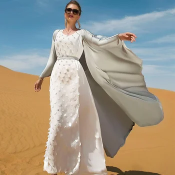 2022 Müslüman Abayat Gümüş Gri El Dikişli Elmas Abaya Femme İslam 2 Parça Giysi Orta Doğu Dubai Arabistan
