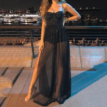 2022 Seksi Siyah Balo Elbise Spagetti Kayışı Yüksek Yarık Sevgiliye Akşam Örgün Parti Elbiseler Tül Pullu Vestidos De Noche