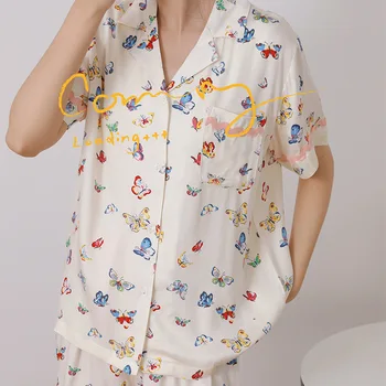 2022 Yeni Bayanlar %100 % Viskon Kelebek Gecelik Kawaii Pijama Kadın Kısa Kollu Üstleri Şort Rahat İki Parçalı Pijama Seti