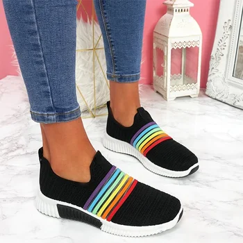 2022 Yeni Moda Kadın Ayakkabı Gökkuşağı Renk El Yapımı Örgü Vulkanize günlük ayakkabı Düşük üst Sonbahar Rahat Bayan Ayakkabıları 35-43