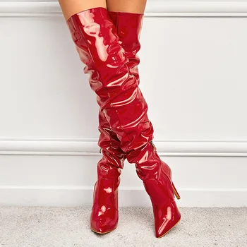 2022 Yeni Moda Kırmızı Siyah Pilili Patent Deri Sivri Burun Zip Uyluk Yüksek Çizmeler Kadın Stiletto Topuklu Tasarım kadın ayakkabısı