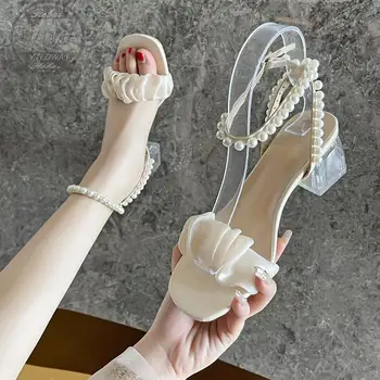 2022 Yeni Sandalet Kadın Tıknaz Topuklu Ayakkabılar Seksi Beyaz Dize Boncuk 5cm Yaz Parti Elbise Tokaları Pompaları Ytldwat Boyutu 43 Açık Topuk