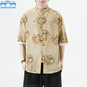 2022 Çin Tarzı erkek Baskılı Gömlek Yaz Üstleri Tang Takım Elbise Hanfu Artı Boyutu Kısa kollu Gömlek erkek günlük kıyafetler