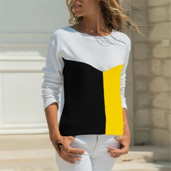 2023 Bahar Üstleri Bayan O Boyun Uzun Kollu Renk Blok Baskı T-shirt Bayan 90s Kızlar Casual Gevşek Tees Streetwear Giyim