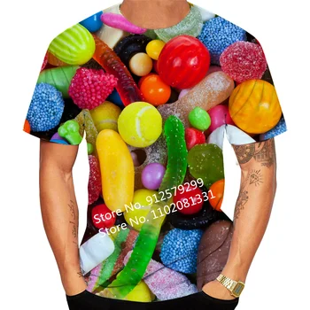 2023 Moda Erkek Kişilik 3d Baskı Renkli Şeker T-shirt Yaz Yuvarlak Boyun Komik Tees