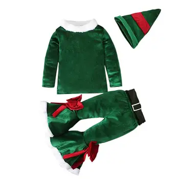 3 Parça Kızlar Noel Kostüm Bebek Kız Noel Baba Cosplay Seti Uzun Kollu Kadife Üst Flare Pantolon Şapka Noel için