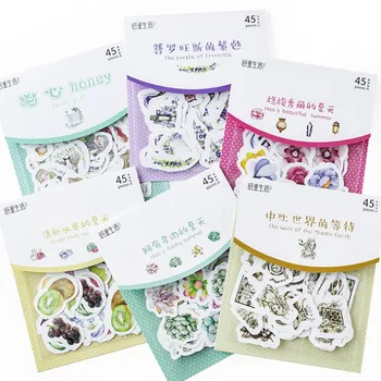 45 adet / paket Yaratıcı El Kitabı Dekoratif Scrapbooking Sticker Çiçek Kediler Tavşan Günlüğü Sticker Çocuklar için En İyi Hediye 12 seçim