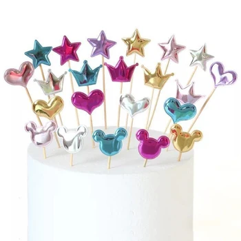 50 adet Mini Kalp Yıldız Taç Kek Topper Mickey Mutlu Doğum Günü Pastası Bayrağı süslemeleri Bebek Duş Parti Kek Topper Düğün Dekor