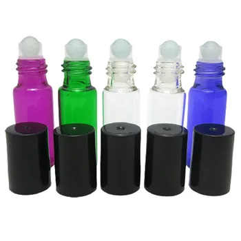 5ml Boş Mini Cam şişeler üzerinde rulo uçucu yağlar için Doldurulabilir parfüm şişesi deodorant kapları siyah kapaklı cam küre