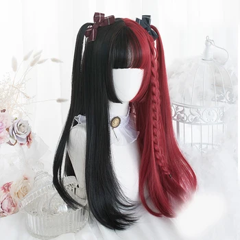 65CM Siyah Karışık Kırmızı Gotik Lolita Cosplay Peruk Uzun Kıvırcık Düz Bob Patlama Cadılar Bayramı Tatlı Prenses Parti Sentetik Saç Peruk