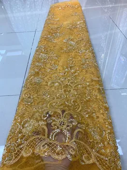 Afrika Klasik Altın Boncuklu Dantel Kumaş Lüks Sequins Yüksek Kalite Nijeryalı 2022 Fransız Tül Kumaş Nijerya düğün elbisesi