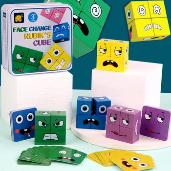 Ahşap İfadeler Oyuncak Ahşap Sihirli Küp Yüz Desen Yapı Taşları Eğitici Montessori Eşleşen Blok Bulmacalar Çocuklar Hediyeler