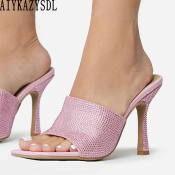 AIYKAZYSDL Rhinestone Kristal Sandalet Terlik Kadınlar Burnu açık Parti Clubwear Yüksek Topuk Pompaları Pembe Altın Clubwear Fetiş Ayakkabı