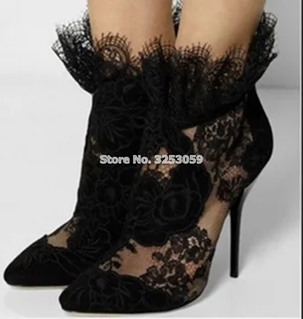 ALMUDENA Siyah Işlemeli Kadın Patik Dantel Çiçekler Süper Ince Yüksek Seel Ayakkabı Ayak Bileği Yüksek Fermuar Kadınsı Cut-out Kısa çizmeler