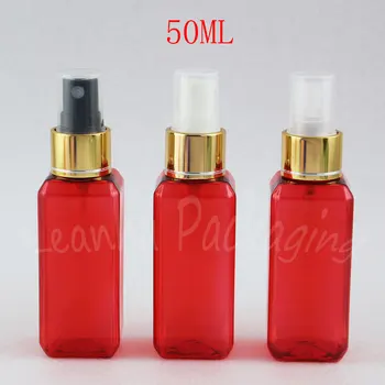 Altın Sprey Pompalı 50ML Kırmızı Kare Plastik Şişe, 50CC Kozmetik Su / Toner Ambalaj Şişesi, Makyaj Alt şişeleme