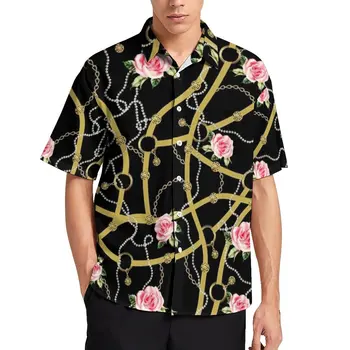 Altın Zincirler Gömlek Hawaiian Pembe Güller Baskı Casual Gömlek Bluzlar Kısa Kollu Sokak Tarzı Büyük Boy
