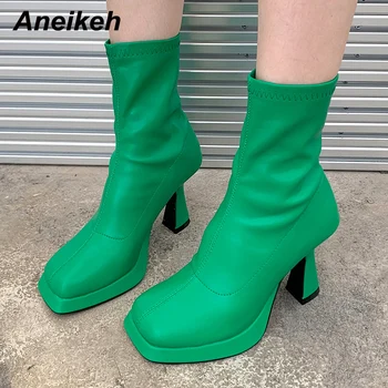 Aneikeh 2023 Katı Moda PU Dikiş Kare Ayak Platformu Kadın yarım çizmeler Garip Topuk Slip-On Parti Elbise Ayakkabı Boyutu 35-39
