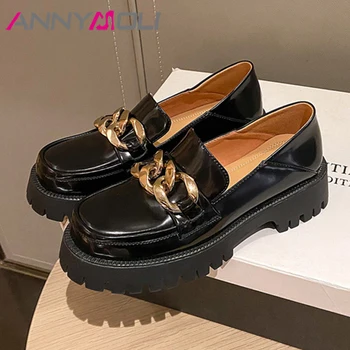 ANNYMOLI Kadın Hakiki deri makosenler Ayakkabı Bahar Platformu Med Topuklu Metal Dekorasyon Tıknaz Topuk Ayakkabı Siyah Sonbahar Kahverengi
