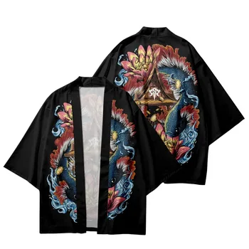Artı Boyutu 5XL 6XL 2023 Yaz Japon Moda Sazan Baskı Kimono Streetwear Hırka Büyük Boy Elbise Kadın Erkek Haori Üst Yukata