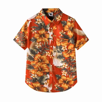 Avrupa ve Amerikan erkek giyim yaz 2022 yeni Kısa kollu yaka tek göğüslü turuncu çiçek baskı Moda gömlek