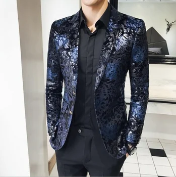 Bahar Yeni Erkek Kaliteli Altın Kadife Mavi moda elbise Bakımı Kolay Avrupa Britpop Blazers Ceketler Retro Erkekler Slim Fit Düğün ceket