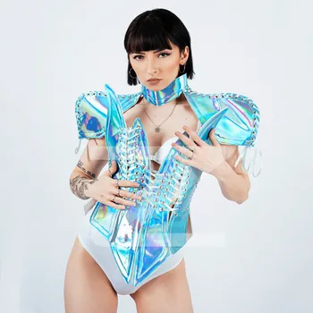 Bar Gece Kulübü Konser Kadın Sürükle Kraliçe Kostüm Gelecek Teknoloji Rol Oynayan Cosplay Kostüm Mavi Lazer Zırh Omuz Bodysuit