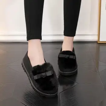 Bayan Platformları Sıcak Kış Loafer'lar Kadın Kısa peluş ayakkabı Kadın Flats Rahat Kürklü Katır Yay Kalın Taban Ayakkabı Kadınlar için