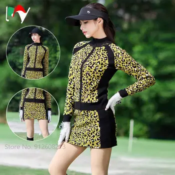 BENİM Leopar Baskı Golf Kıyafeti Rüzgar Geçirmez Örme Spor Ceket Kadın İnce Ceket Anti-boş Golf Kalem Etek Bayanlar Skort Setleri