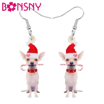 Bonsny Akrilik Noel Şapka Chihuahua Köpek baston şeker Küpe Bırak Dangle Hayvan Süslemeleri Takı Kadınlar Kızlar Gençler Için Hediye