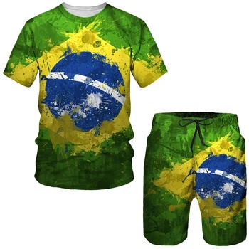 Brezilya bayrağı 3D Baskılı Eşofman 2 Parça Set Erkek şort setleri Kısa Kollu Gömlek ve Şort Yaz Erkek Giyim Streetwear Takım Elbise