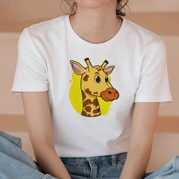 Büyük boy Kadın T-Shirt Yaz Kısa Kollu Hayvan Zürafa Grafik Baskı Moda Rahat O Boyun Beyaz T Shirt Kadın Giyim