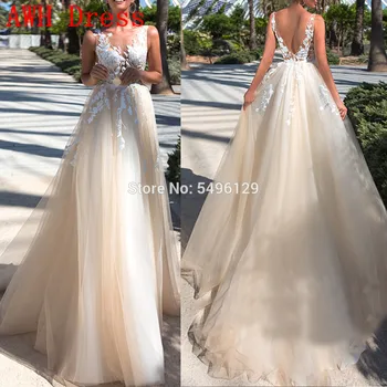 Büyüleyici Boho Gelinlik Aplikler Tül A-Line düğün elbisesi V Yaka Backless Kolsuz gelinlik Vestido De Noiva
