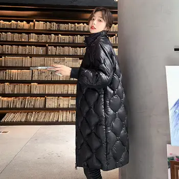 Ceket Kadın Moda Kış Parlak Siyah Ceket Sıcak Kalın Kore Uzun Kirpi Bombacı Cep Boy Parka Artı Boyutu Kar Giyim
