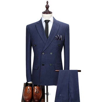 (Ceket + Yelek + Pantolon ) High-end Marka Butik Moda Çizgili Erkek Resmi Mal Takım Elbise 3 Adet Setleri Damat düğün elbisesi Takım Elbise