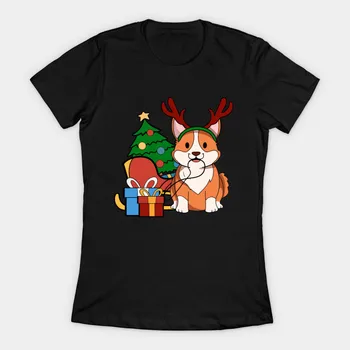 Corgi Köpek Ren Geyiği Hediye ve Kızak Noel Tshirt Köpek Severler için kadın T-Shirt