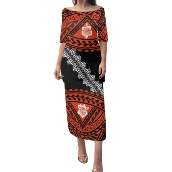 Cumagical Özel Polinezya Samoalı Tribal Tapa Puletasi Tatau Desen Maxi Elbise Yuvarlak Boyun Iki Parçalı Set Üst Etekler Kıyafetler