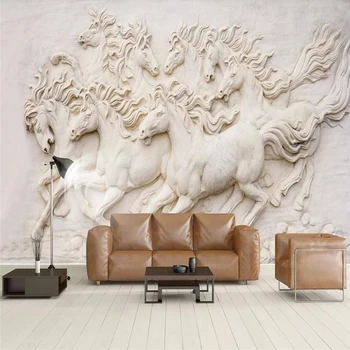 Dekoratif duvar kağıdı 3D avrupa tarzı kabartma sekiz atlar resim arka plan duvar tablosu