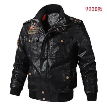 Deri erkek askeri üniforma uçan deri ceket sonbahar ve kış ceket ince yaka artı kadife PU motosiklet takım elbise artı boyutu