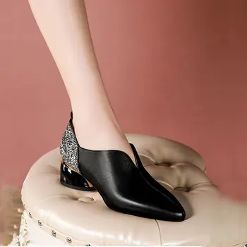 Deri Moda kadın ayakkabısı Ofis iş ayakkabısı Kadın Kare Orta Topuklu Kadın Pompaları Sivri Burun Pullu Kumaş Yumuşak kadın ayakkabısı